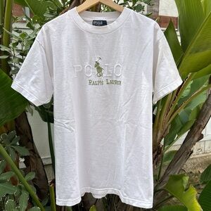 Vintage 90s Polo Ralph Lauren White T-Shirt Made in USA L Embroidered Cotton